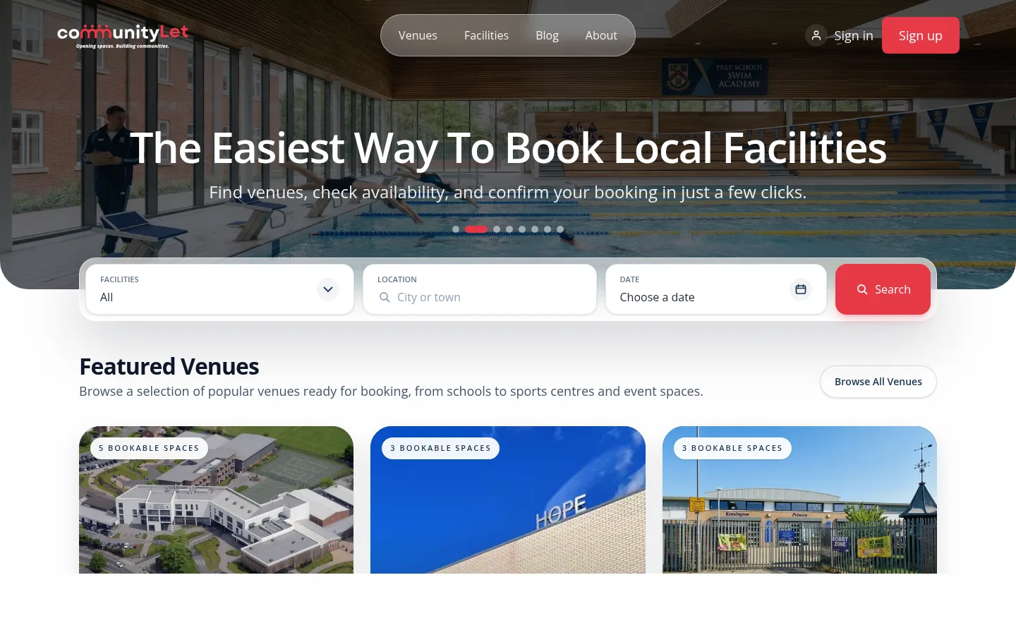 CommunityLet homepage with venue search and featured venues